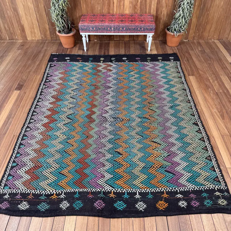 6.7x8.8 ft Vintage Oushak Rug, Blue Patchwork Turkish Wool Rug - 1