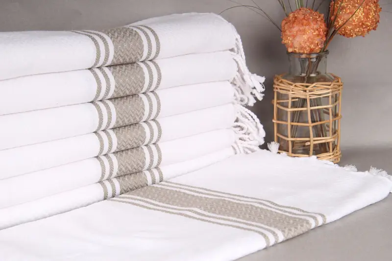 Bridesmaid Gift Embroidered Beach Towel Beige Stripes, 40x71 Inches