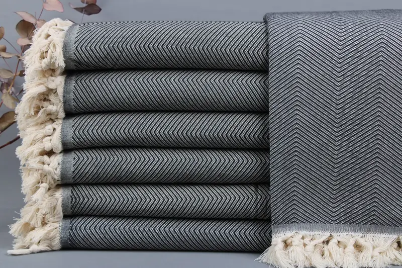 Picnic Blanket, Black Chevron Bedspread, 67x83 Inches, Beige