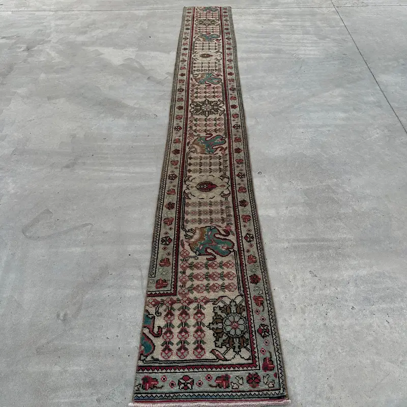1.4x10.5 ft Vintage Rug, Runner Turkish Rug, Red Solid Rug - 1