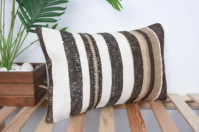 Antique Pillows, Turkish Pillow, Vintage Kilim Throw Pillow, Pillow Cover, Handwoven Pillow Cover, 12x20 White Cushion Cover, Cotton Pillow - 4