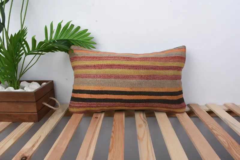Bed Pillow Sham, Kilim Cushion Sham, 12x20 Yellow Pillow Cover, Vintage Kilim Throw Pillow, Cushion Case, Interior Designer Pillow - 1