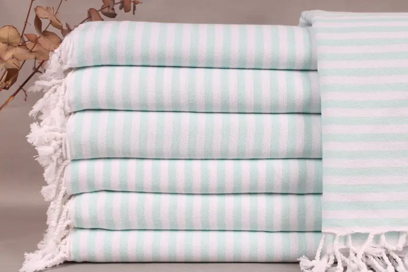 Picnic Blanket Mint Striped Home Decor, 75x103 Inches, Organic Turkish Cotton
