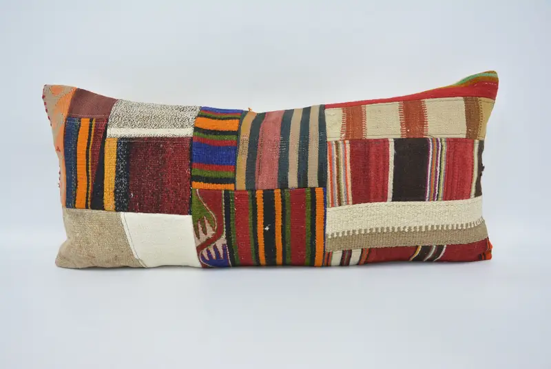 Rot-orange gestreiftes Dekokissen, Kissenbezug aus Hanf und Wolle