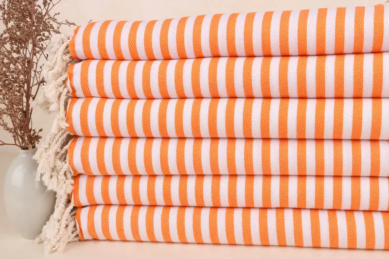 Striped Towel Handmade Cotton Orange, 40x71 Inches