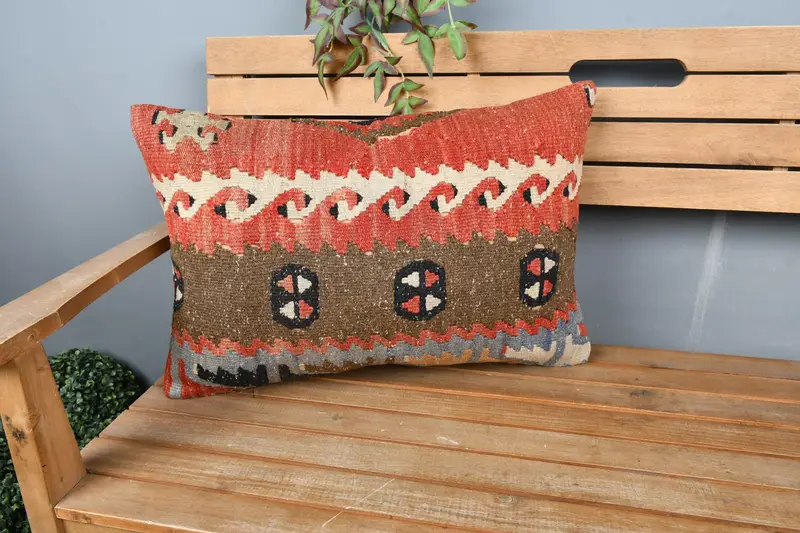 Outdoor Bolster Cushion Case, Kilim Cushion Sham, Pillow for Couch, Seat Cushion Case, Antique Pillows, 16x24 Brown Cushion, Cushion Cover - 1