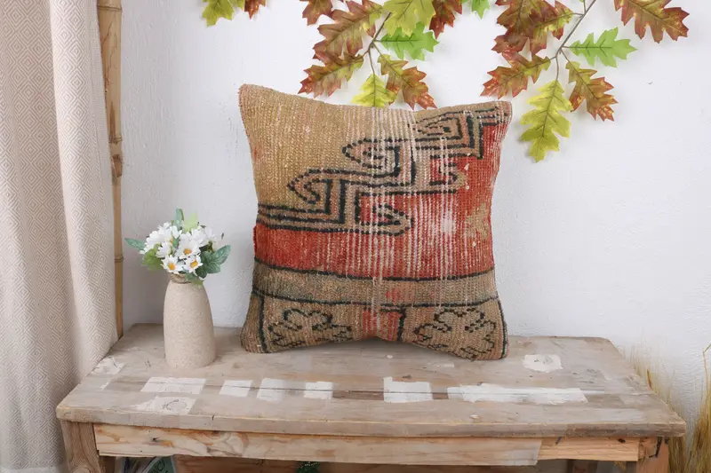 16x16 Red Pillow Cover, Pillow Sham, Ethnic Pillow Cover Cushion, Home Decor Pillow, Vintage Kilim Throw Pillow, Interior Designer Pillow - 1