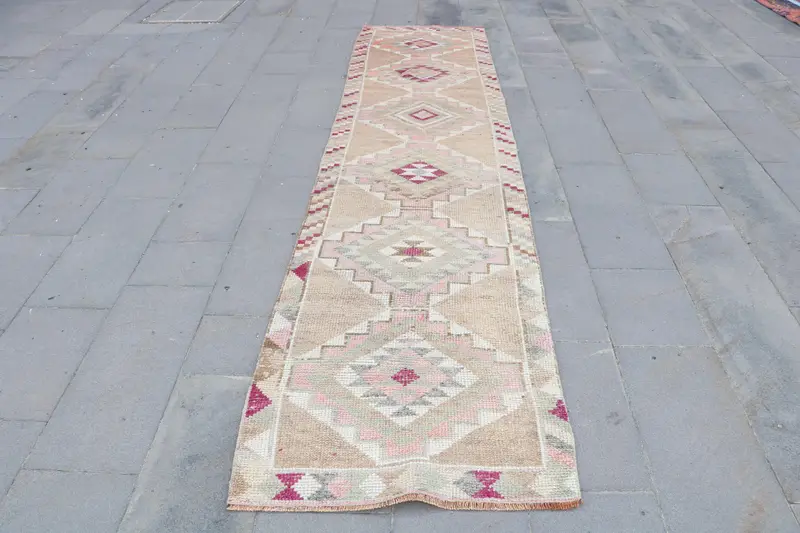 Turkish Rug, Runner 2.6x11.6 ft Vintage Rug, Brown Camouflage Wool Rug - 1