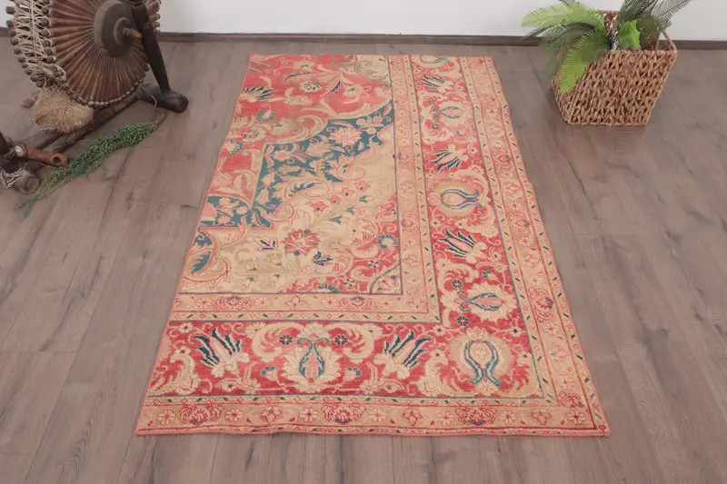 3.4x5.6 ft Vintage Halı, Türk Vurgulu Halı, Kırmızı Mavi Patchwork Halı - 1