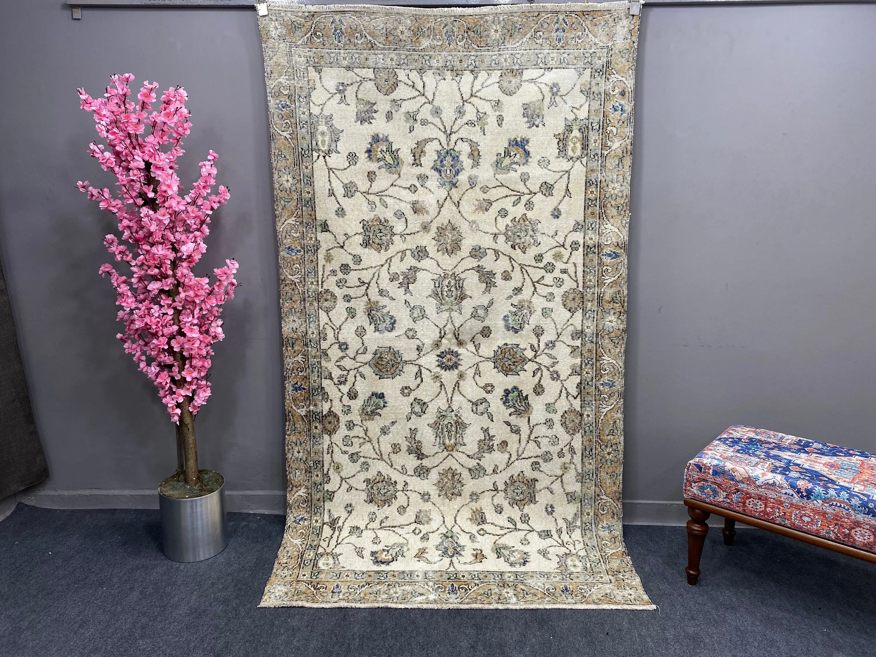 Halı, 4.4x8 ft Vintage Halı, Bej Oryantal Halı Yün - 1
