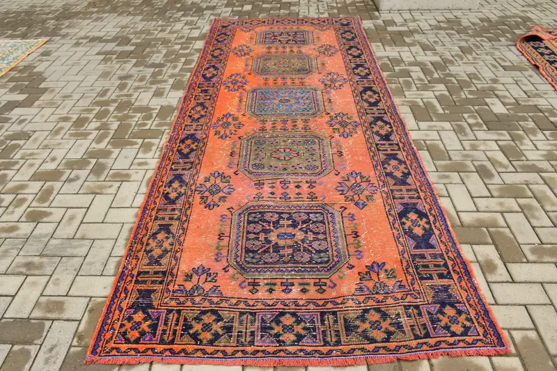 4,6x11,6 ft Vintage Oushak Teppich, türkischer Teppich, roter Patchwork Wollteppich - 1