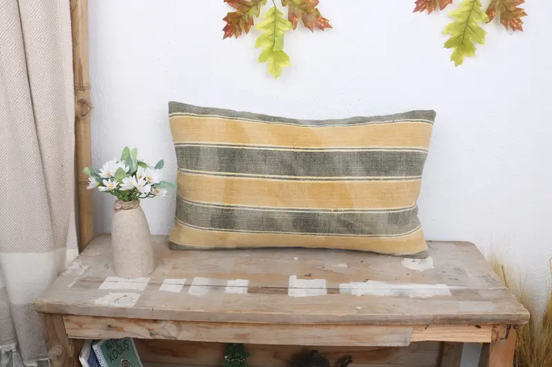 Gift Pillow, Indoor Cushion Cover, Kilim Pillow Cover, Bolster Throw Pillow Cover, Interior Designer Pillow, 12x20 Yellow Pillow Sham, Cushion Cover - 1