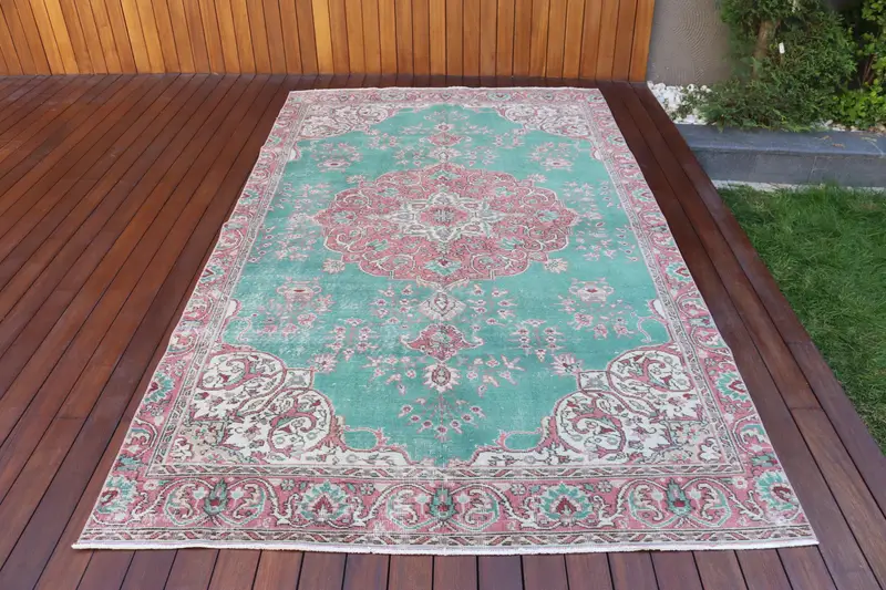 Oushak Rug, 5.5x9.5 ft Turkish Rug, Green Moroccan Rug Wool - 1