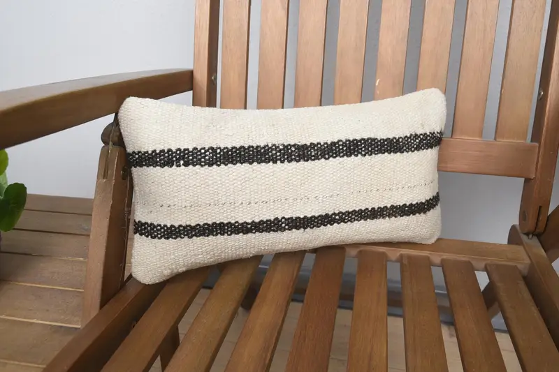 Turkish Wool Beige Cushion Cover, Striped Antique Mini Lumbar 8x16 inch Cushion Case - 1