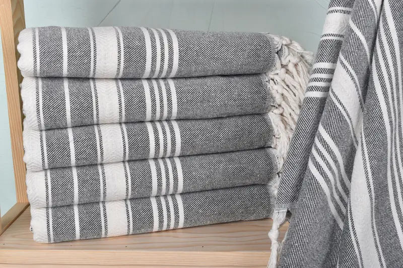 Embroidered Turkish Beach Towel Black Chevron, Organic Cotton/Linen, 40x71 Inches