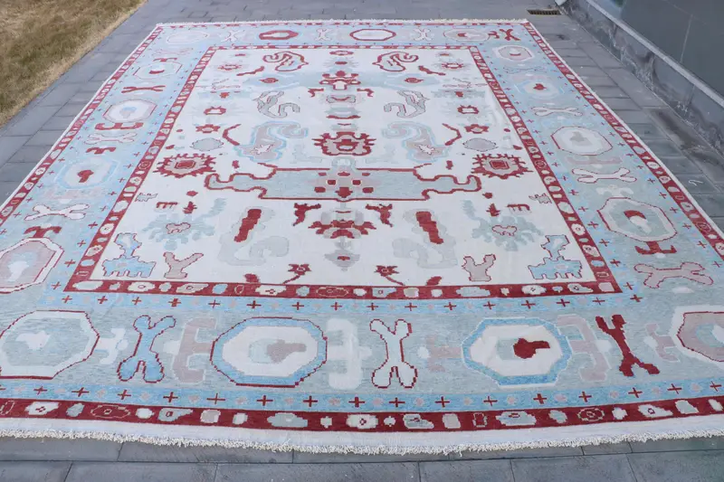 Elegant Beige Rug, 16.3x20.9 ft with Red Accents