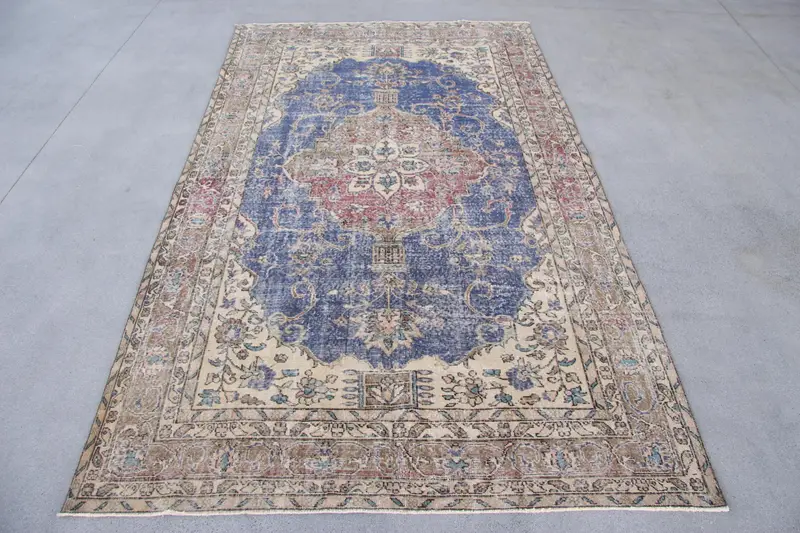 Blue & Beige Rug, 6.3x11 ft Geometric Floral Design