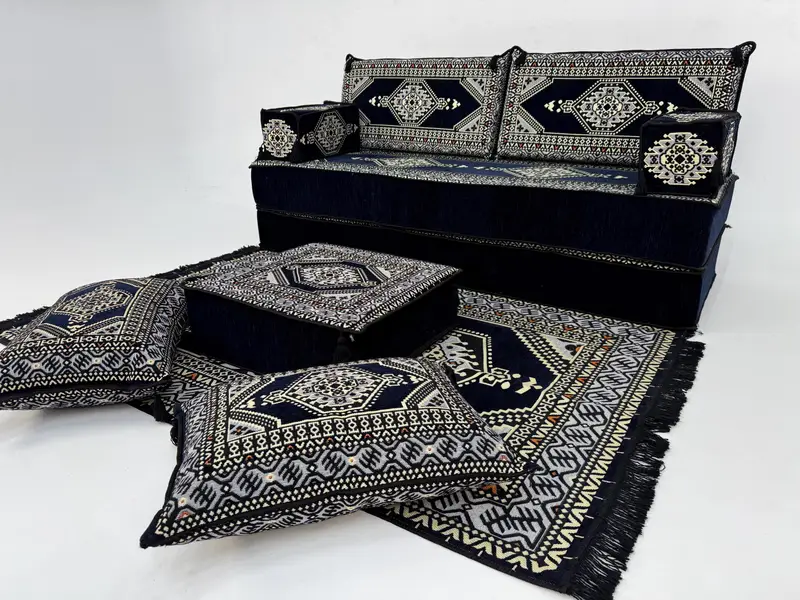 Mavi Kilimden Esinlenen Puf, El Yapımı Yün Osmanlı Puf