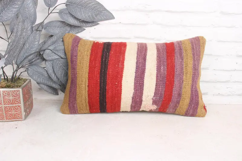 Ethnical Kilim Rug Pillow, Cushion Cover, Handmade Kilim Cushion, 12x20 Purple Cushion Case, Vintage Pillow, Natural Cushion Case - 1