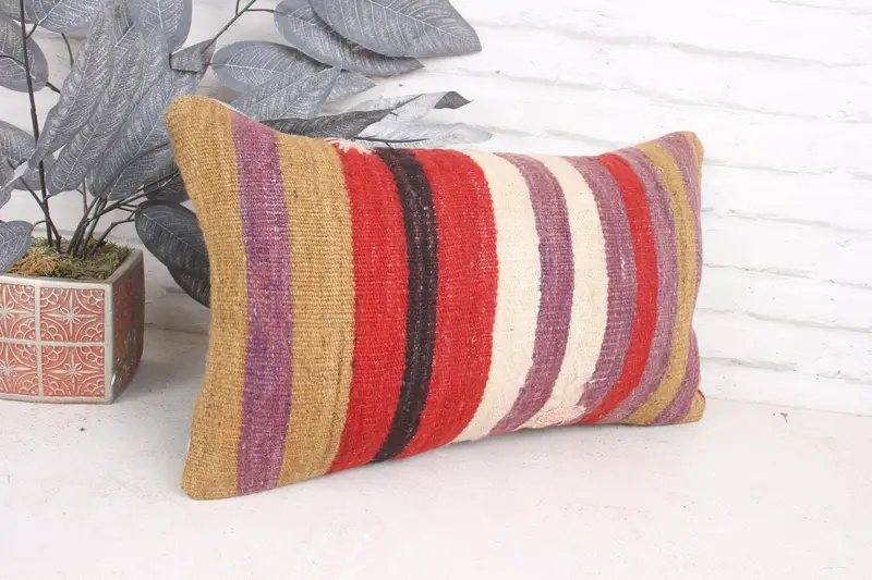 Ethnical Kilim Rug Pillow, Cushion Cover, Handmade Kilim Cushion, 12x20 Purple Cushion Case, Vintage Pillow, Natural Cushion Case - 3