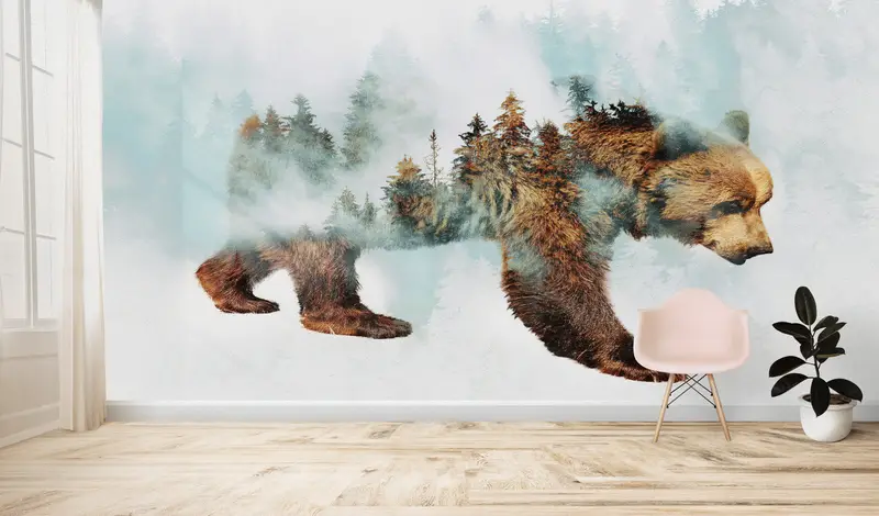 Papel pintado con estampado de bosque abstracto y oso elegante para guardería moderna