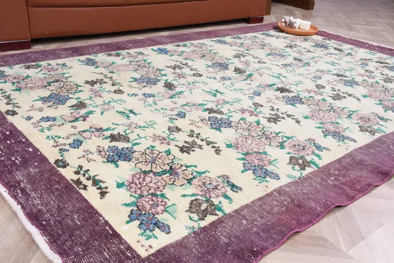 Vintage 5.5x8.6 ft Halı, Büyük Türk Halısı, Mor Oryantal Yün Halı - 1