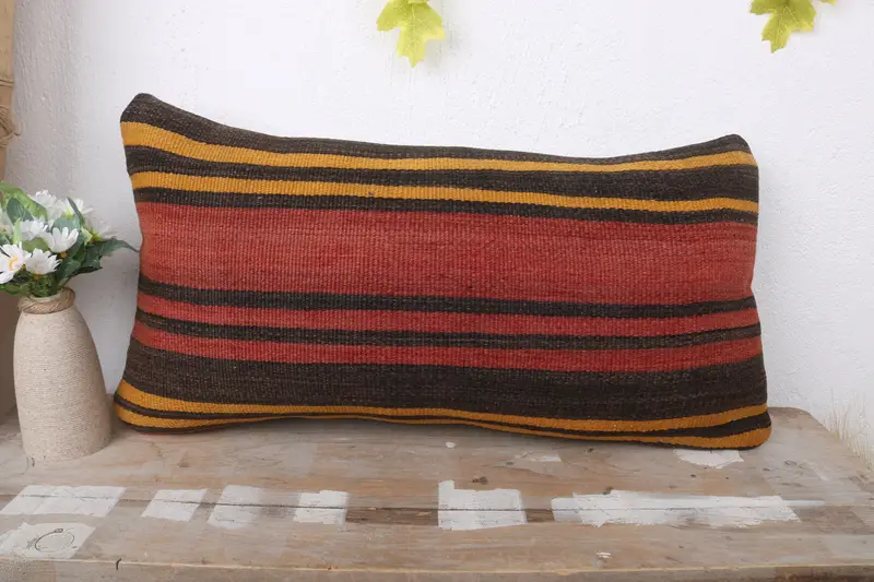 Ethnical Kilim Rug Pillow, Boho Pillow, Pillow Case, Pillow for Couch, Aztec Cushion Case, 12x24 Red Cushion Case, Neutral Throw Pillow Cover - 2