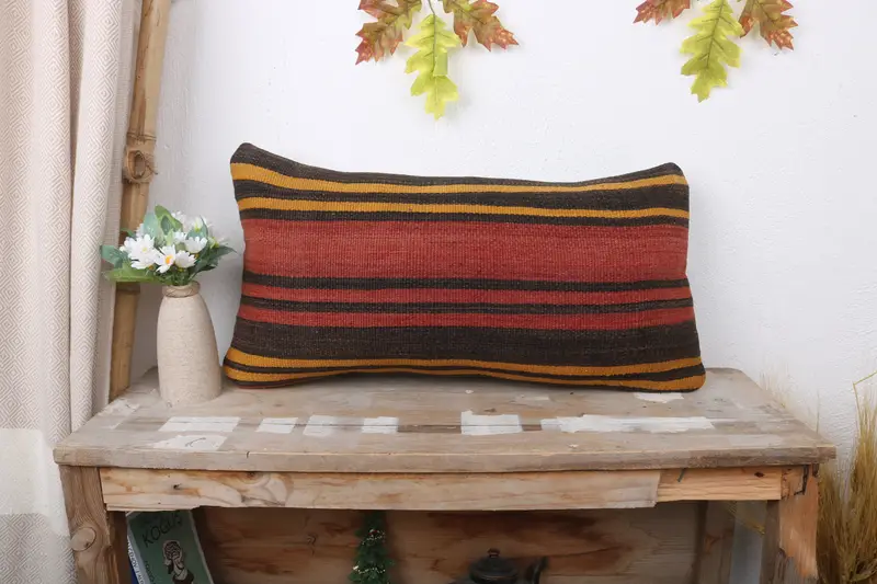 Ethnical Kilim Rug Pillow, Boho Pillow, Pillow Case, Pillow for Couch, Aztec Cushion Case, 12x24 Red Cushion Case, Neutral Throw Pillow Cover - 1