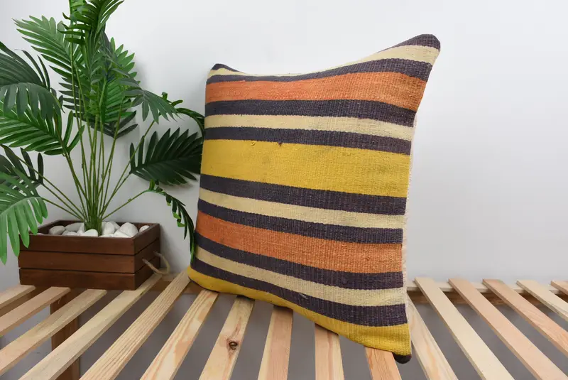 Cushion, Turkish Kilim Pillow, Interior Designer Pillow, Pillow for Couch, 24x24 Yellow Pillow Cover, Handwoven Pillow Cover Pillow Sham - 5
