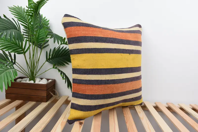 Cushion, Turkish Kilim Pillow, Interior Designer Pillow, Pillow for Couch, 24x24 Yellow Pillow Cover, Handwoven Pillow Cover Pillow Sham - 4