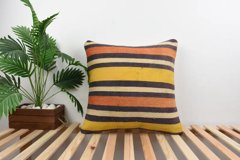 Cushion, Turkish Kilim Pillow, Interior Designer Pillow, Pillow for Couch, 24x24 Yellow Pillow Cover, Handwoven Pillow Cover Pillow Sham - 1