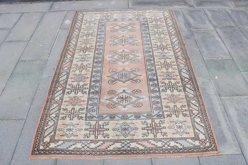 Turkish Vintage Rug 4.2x6.3 ft, Brown Oushak Striped Rug - 1