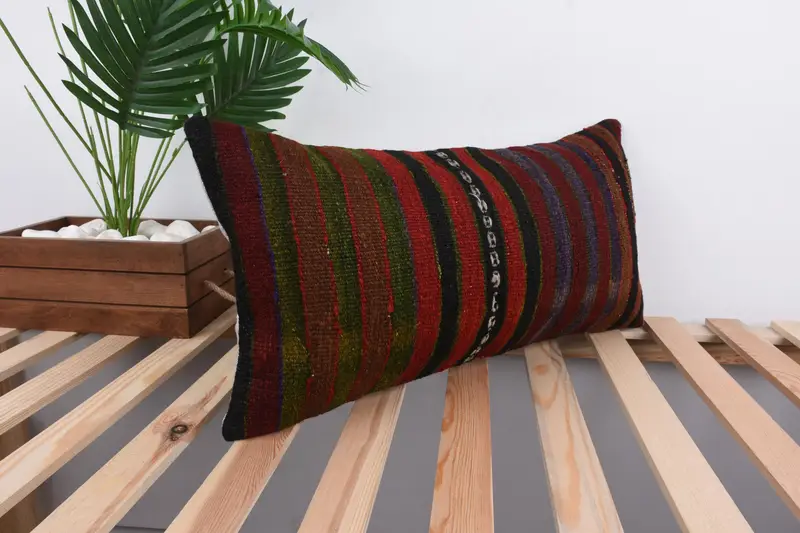 Vintage Kilim Throw Pillow, Pillow Cover, Interior Designer Pillow, Cotton Pillow Case, 12x24 Green Cushion Cover, Ethnical Kilim Rug Pillow - 4