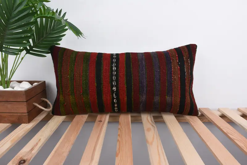 Vintage Kilim Throw Pillow, Pillow Cover, Interior Designer Pillow, Cotton Pillow Case, 12x24 Green Cushion Cover, Ethnical Kilim Rug Pillow - 1
