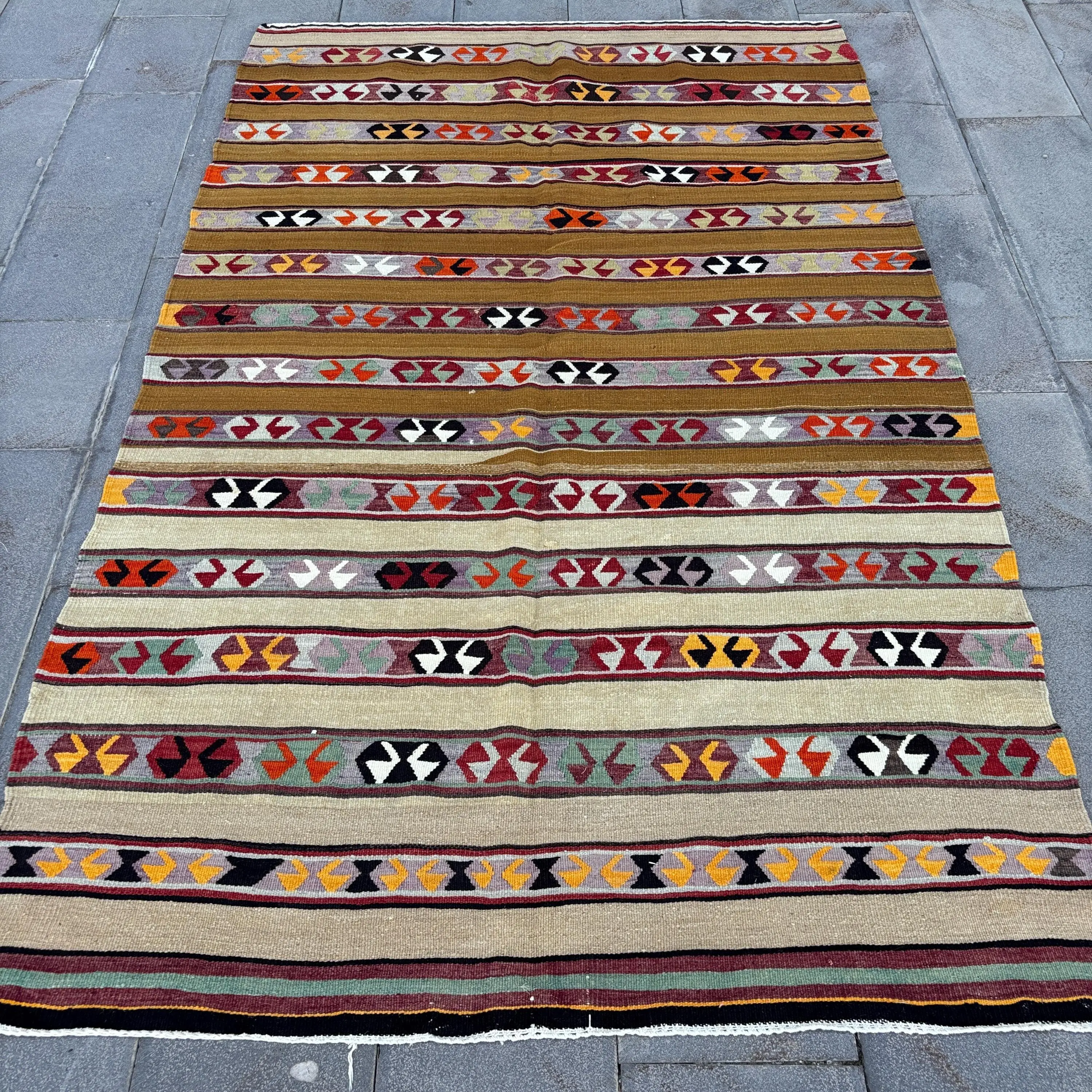 Türk Vintage Büyük Halı 5.1x8.2 ft, Kırmızı Sarı Oryantal Halı - 1