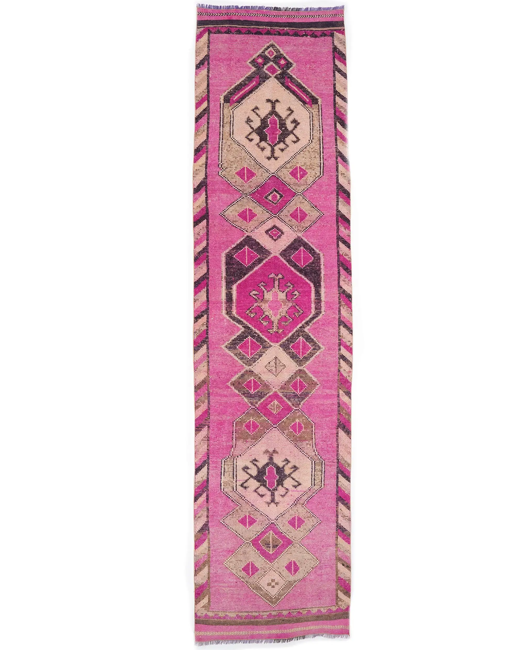 3.1x13 ft Vintage Rug, Turkish Runner Rug, Pink Brown Oriental Wool Rug - 1