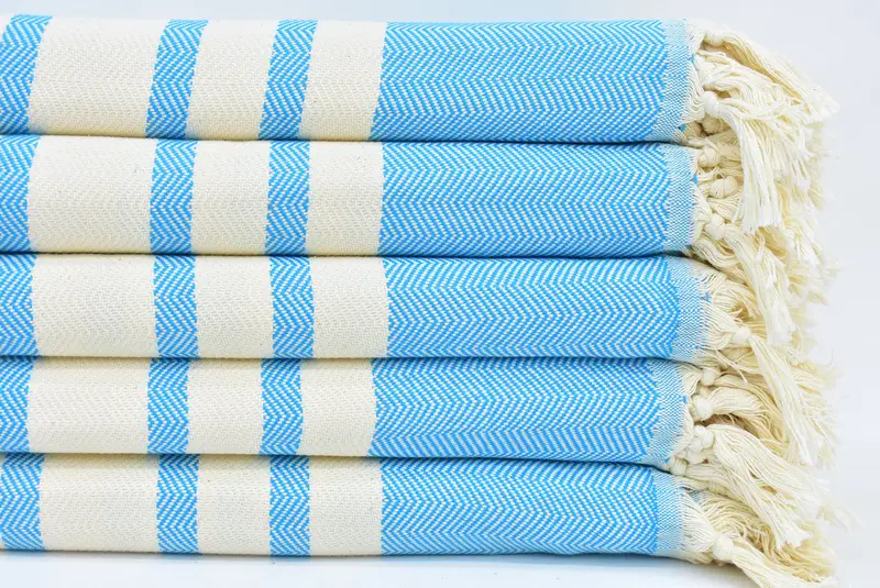 Herringbone Boho Turquoise Throw Blanket, Organic Cotton, 95x79 Inches