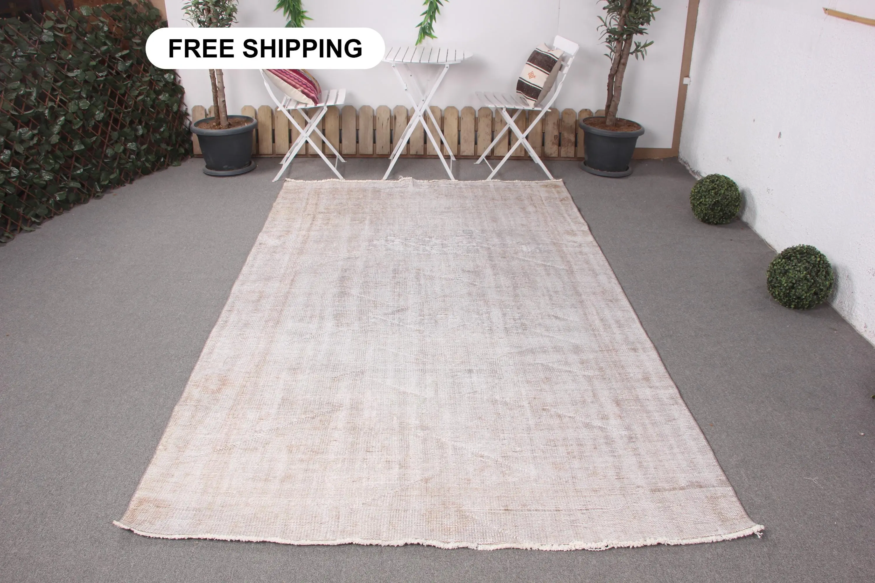 Vintage Halı, 5.4x9.2 ft Büyük Türk Halısı, Beyaz Gri Kareli Halı - 1