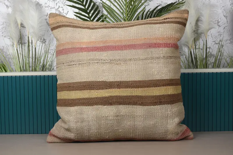 Cojín tejido antiguo turco, beige texturizado, funda europea de lana a rayas de 80x80 cm - 1