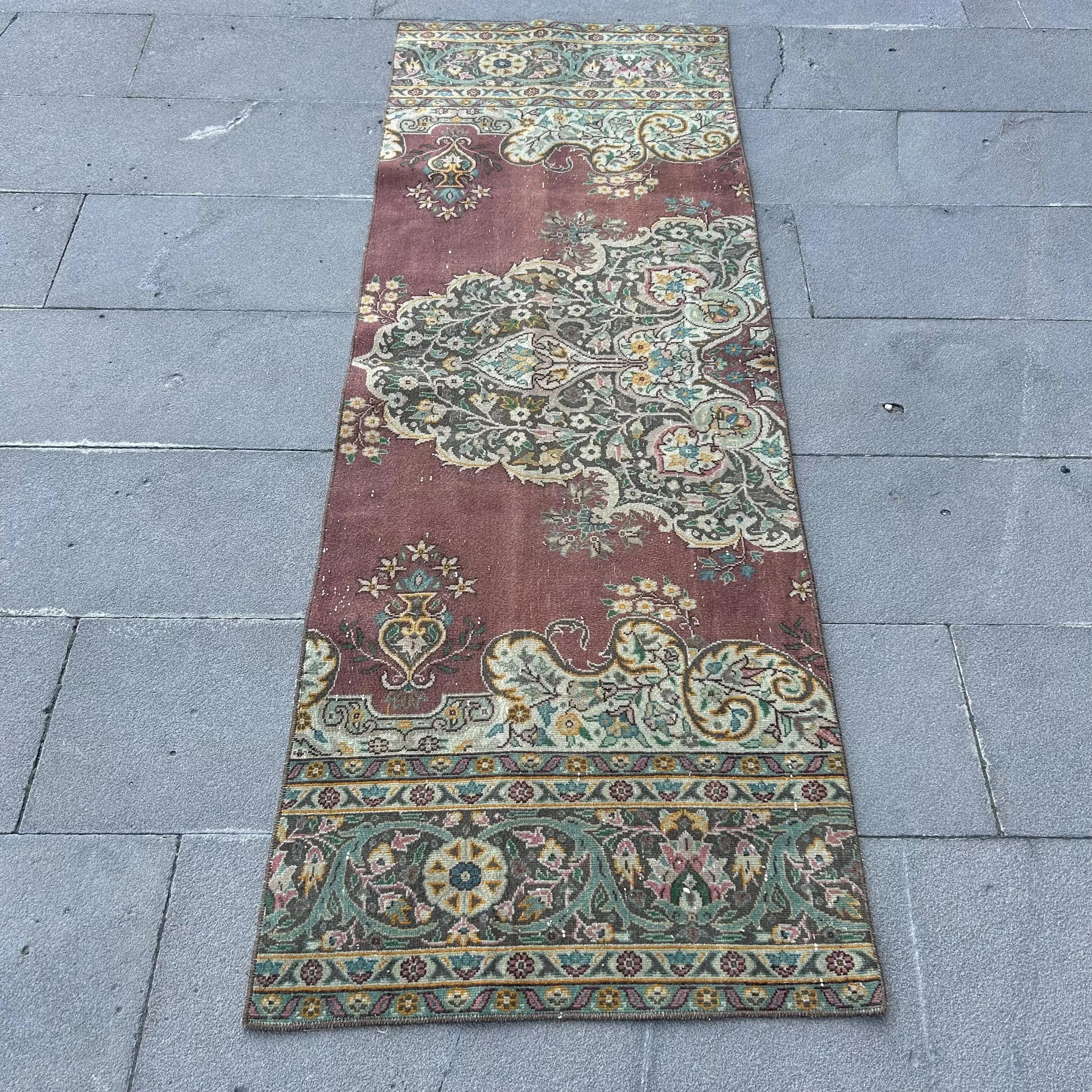 2.3x6.6 ft Türk Yolluk Halısı, Kırmızı Yeşil Vintage Güneybatı Yün Halı - 1
