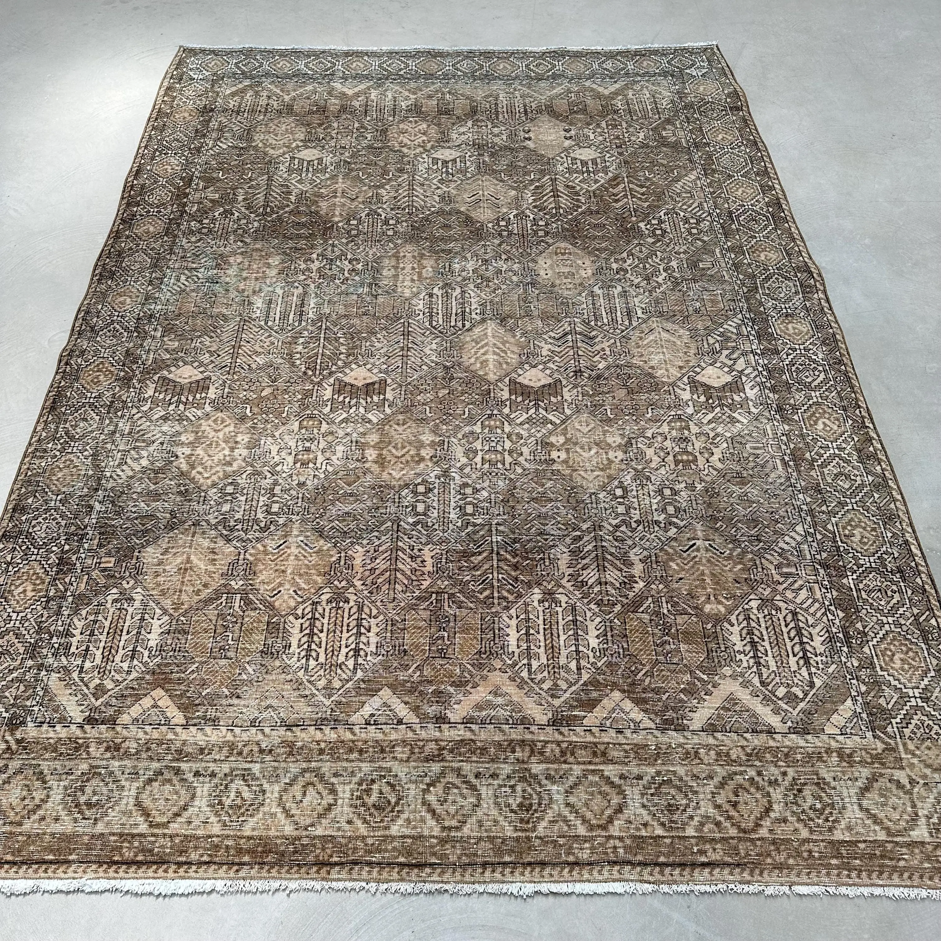 6.9x9.8 ft Halı, Türk Vintage Halısı, Kahverengi Patchwork Yün Halı - 1