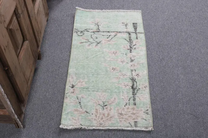 1.5x2.9 ft Vintage Small Rug, Turkish Green Camouflage Rug - 1