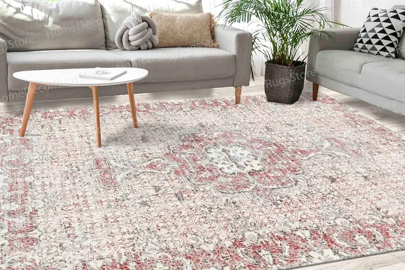 Grauer Medaillon-bedruckter Teppich: Stammes-, gedämpftes, ethnisches, florales Vintage-Design