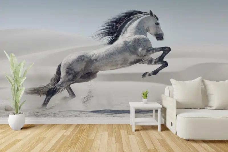 Man Cave ve Ofis için Zarif Beyaz At Baskılı Duvar Kağıdı
