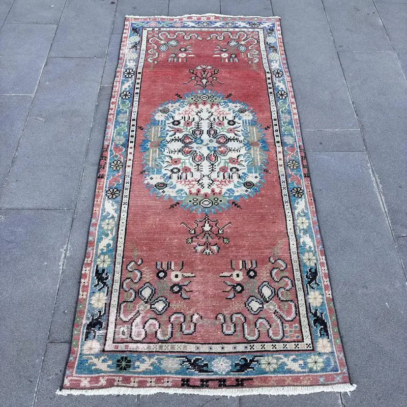 Alfombra del suroeste roja y azul, decoración elegante de 2,9x6,4 ft