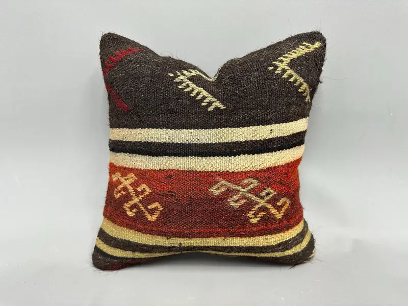 Kilim Pillow Cover, Vintage Pillow, Antique Pillows, 18x18 Brown Cushion Case, Sofa Bolster Pillow Sham, Cushion Cover - 1