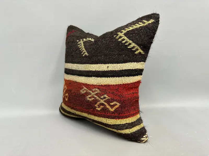 Kilim Pillow Cover, Vintage Pillow, Antique Pillows, 18x18 Brown Cushion Case, Sofa Bolster Pillow Sham, Cushion Cover - 3