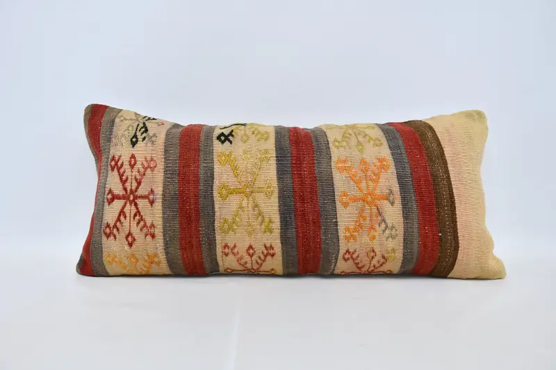Turkish Corner Cushion Case, Pillow Cover, Vintage Kilim Pillow, Ethnical Kilim Rug Pillow, Kilim Pillow Cover, 16x36 Red Pillow Case - 1