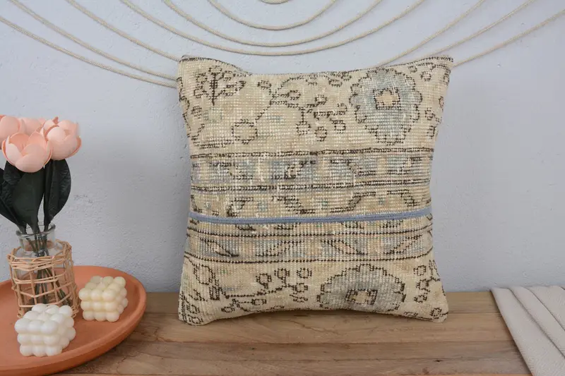 Turkish Pillow, Vintage Pillow, Decorative Bolster Cushion Cover, Pillow, Home Decor Pillow, 18x18 Beige Pillow, Boho Throw Cushion Cover - 2
