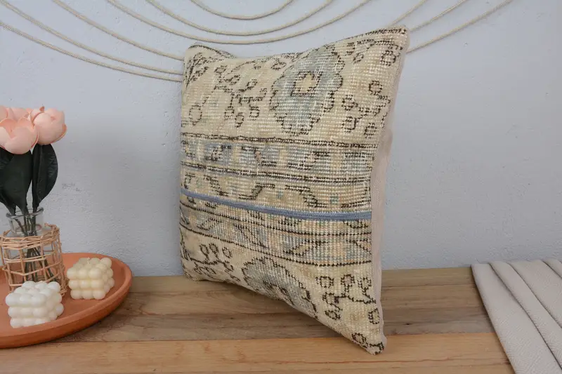 Turkish Pillow, Vintage Pillow, Decorative Bolster Cushion Cover, Pillow, Home Decor Pillow, 18x18 Beige Pillow, Boho Throw Cushion Cover - 4